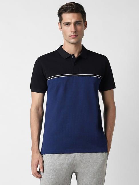 van heusen blue regular fit colour block polo t-shirt