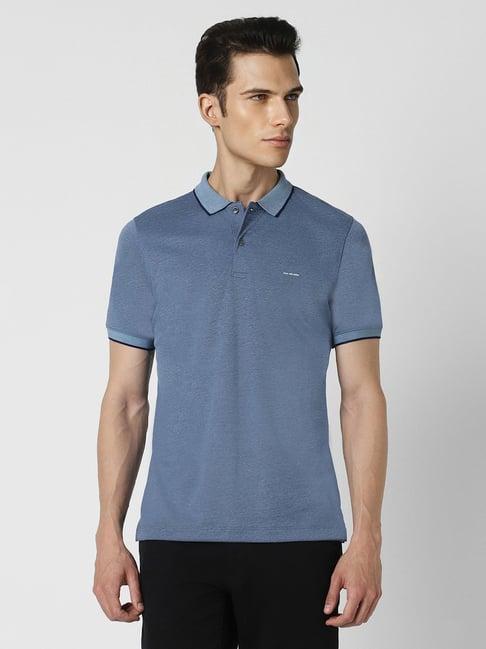 van heusen blue regular fit texture polo t-shirt