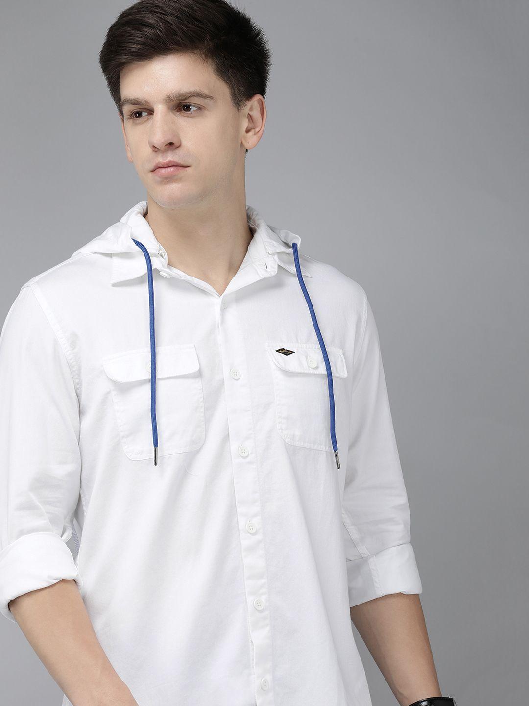 van heusen denim labs pure cotton brand logo printed slim fit detachable hooded shirt