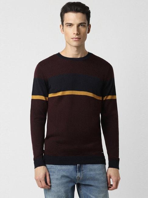 van heusen maroon regular fit striped sweater