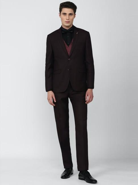 van heusen maroon slim fit printed three piece suit
