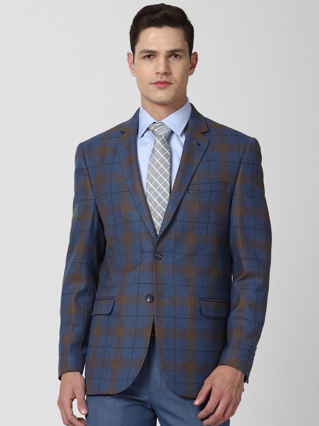 van heusen men blue checked slim-fit single-breasted blazer