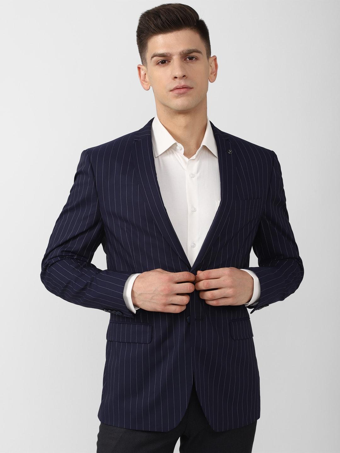 van heusen men navy blue striped single-breasted formal blazer