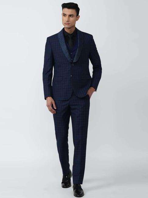 van heusen navy blue slim fit checks three piece suit