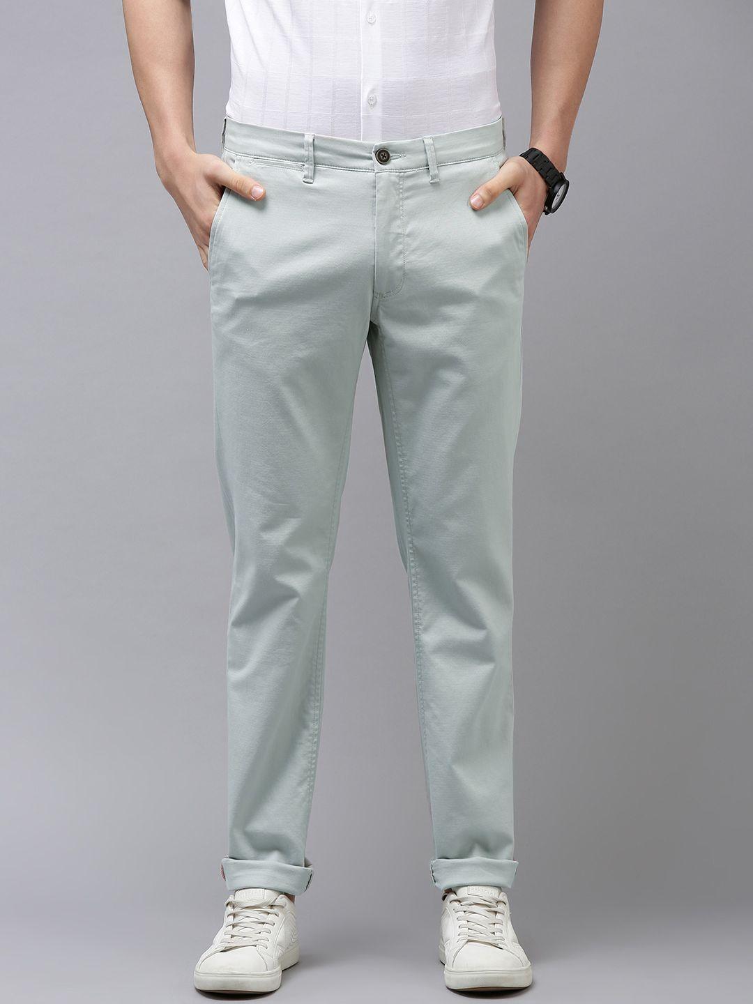 van heusen sport men light grey self design textured slim fit mid-rise plain trousers