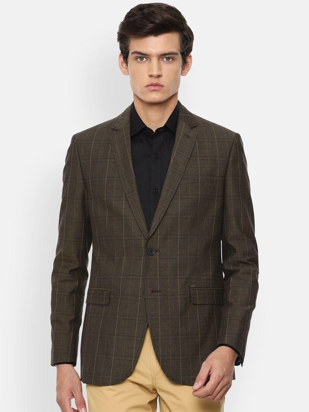 van heusen sport men olive green checked slim-fit single breasted formal blazer