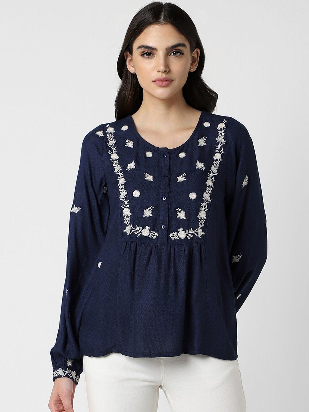 van heusen woman floral embroidered round neck a-line top