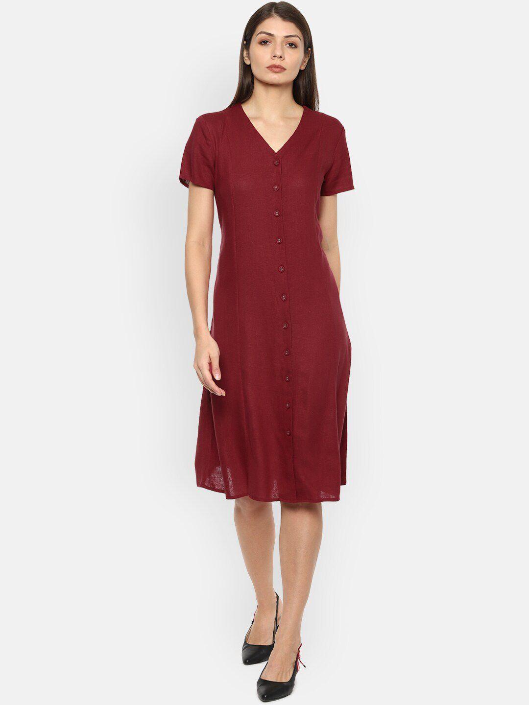 van-heusen-woman-maroon-solid-a-line-dress