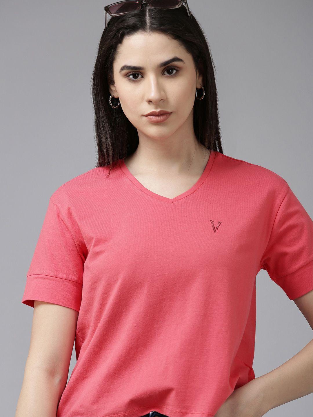 van heusen woman solid v-neck applique casual t-shirt