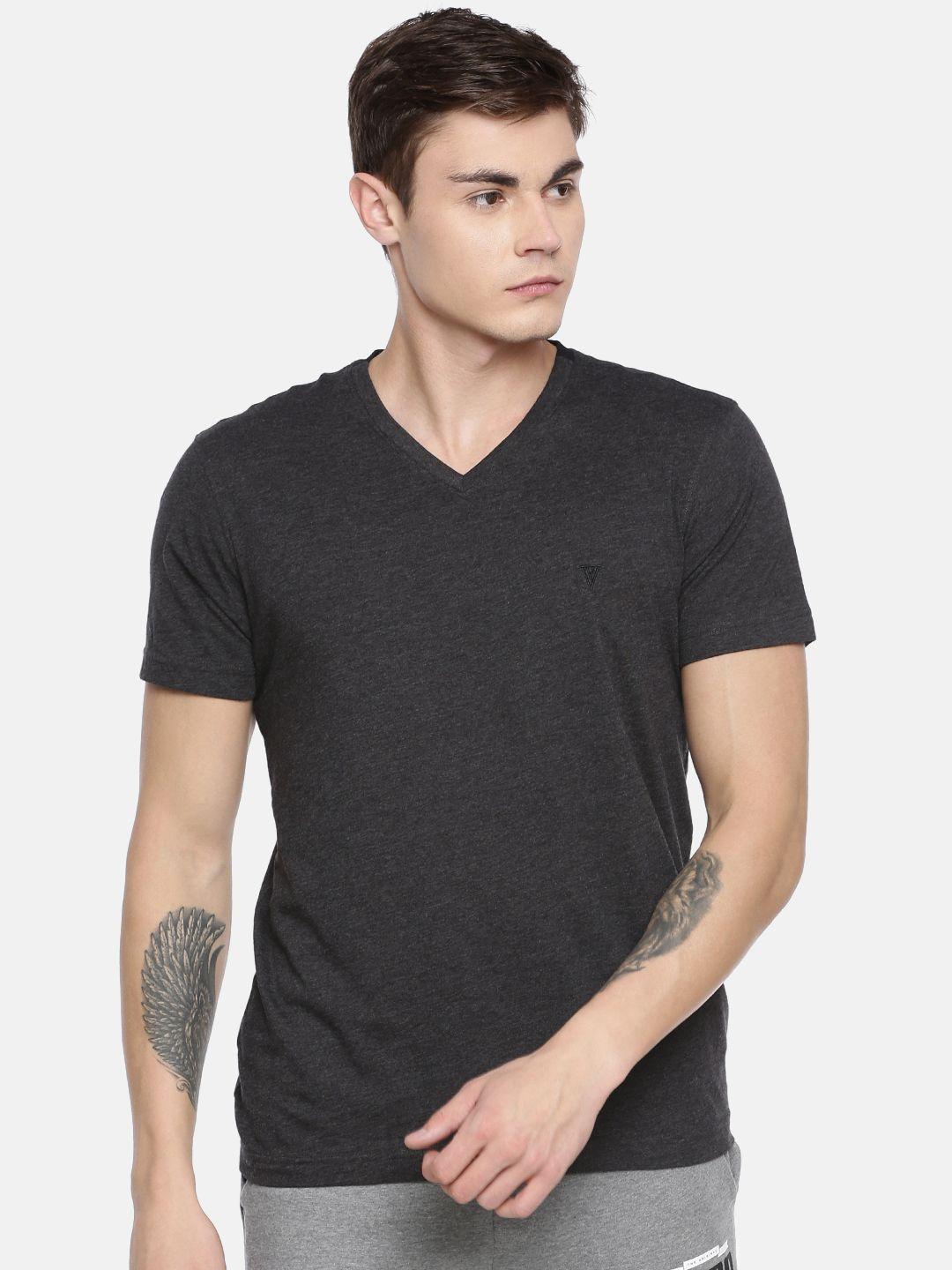 van heusen athleisure men charcoal grey solid smarttech v-neck pure cotton t-shirt