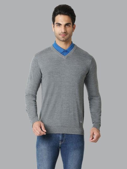 van heusen athleisure regular fit v-neck long sleeve sweater - grey melange