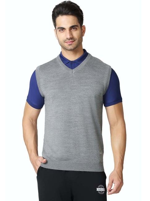 van heusen athleisure regular fit v-neck sleeveless sweater - grey melange