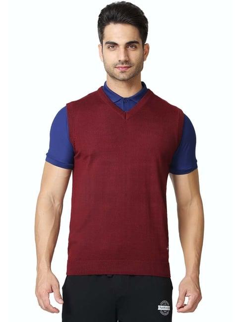 van heusen athleisure regular fit v-neck sleeveless sweater - wine