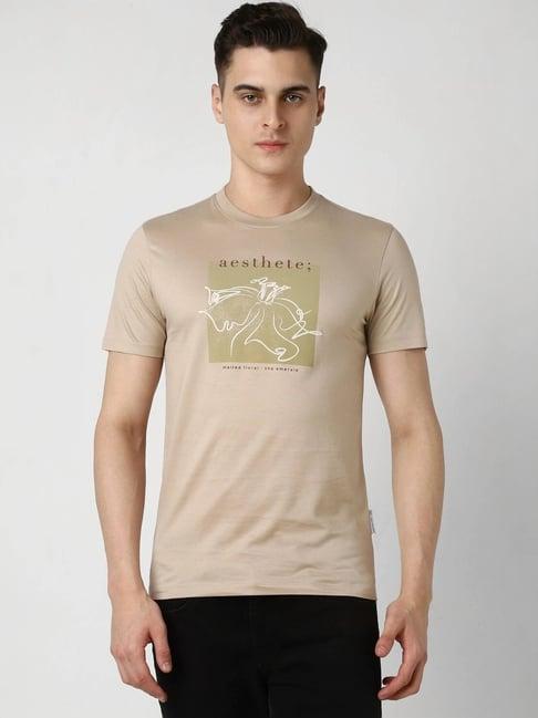 van heusen beige cotton slim fit printed t-shirt