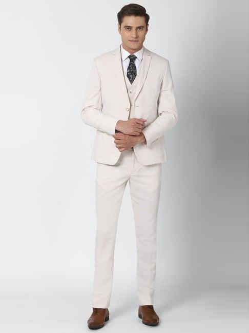 van heusen beige skinny fit self pattern three piece suit