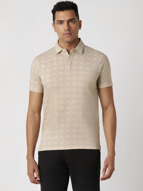 van heusen beige slim fit printed polo t-shirt