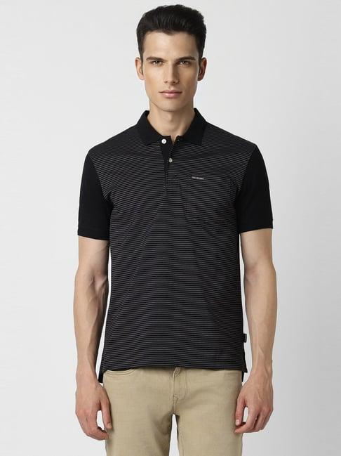 van heusen black cotton regular fit striped polo t-shirt