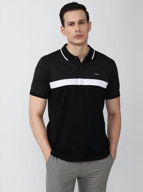 van heusen black cotton regular fit striped polo t-shirt