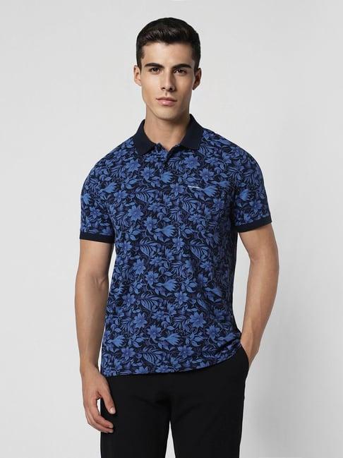 van heusen blue cotton regular fit printed polo t-shirt