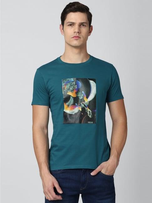 van heusen blue cotton slim fit printed t-shirts