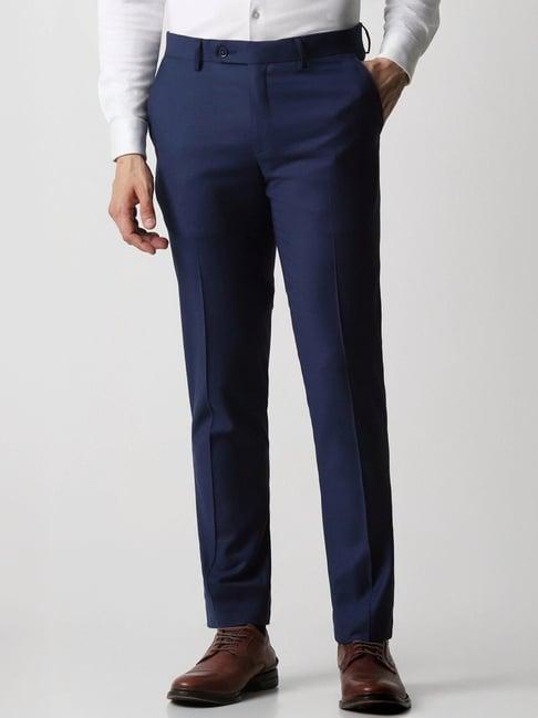 van heusen blue cotton slim fit trousers