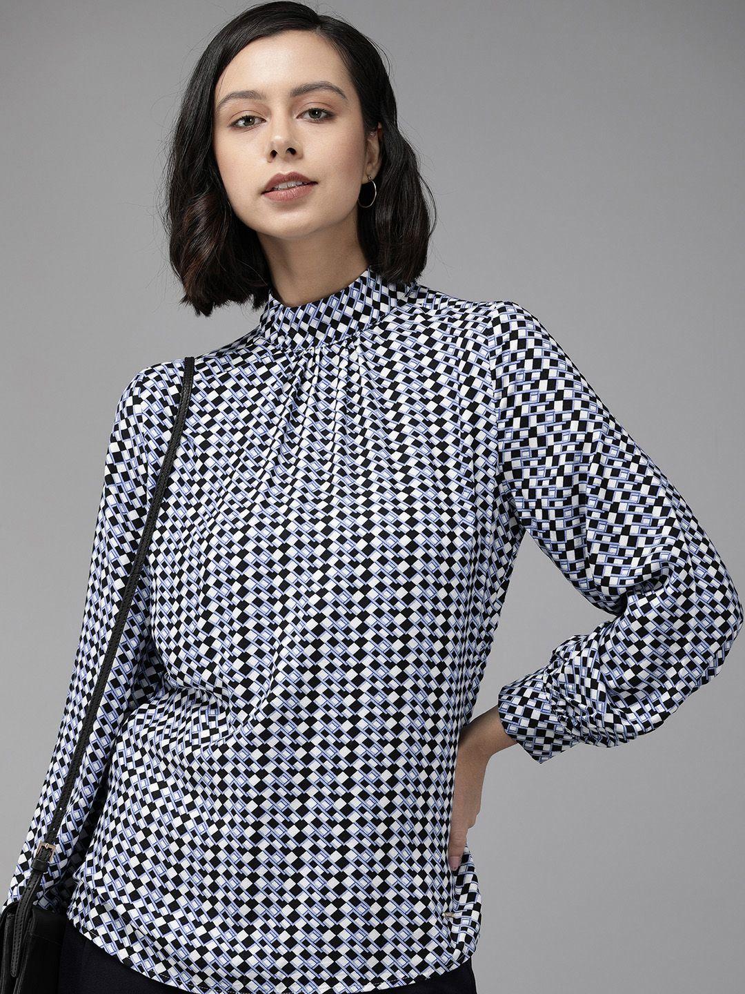 van heusen blue geometric print top