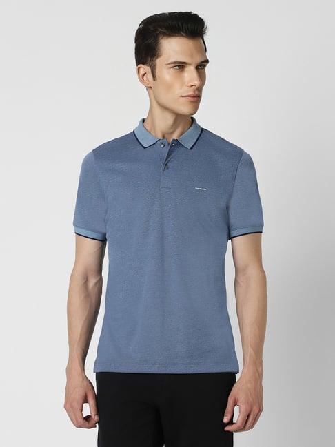 van heusen blue regular fit texture polo t-shirt