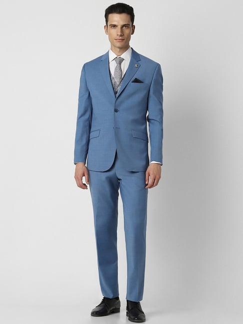 van heusen blue slim fit texture three piece suits