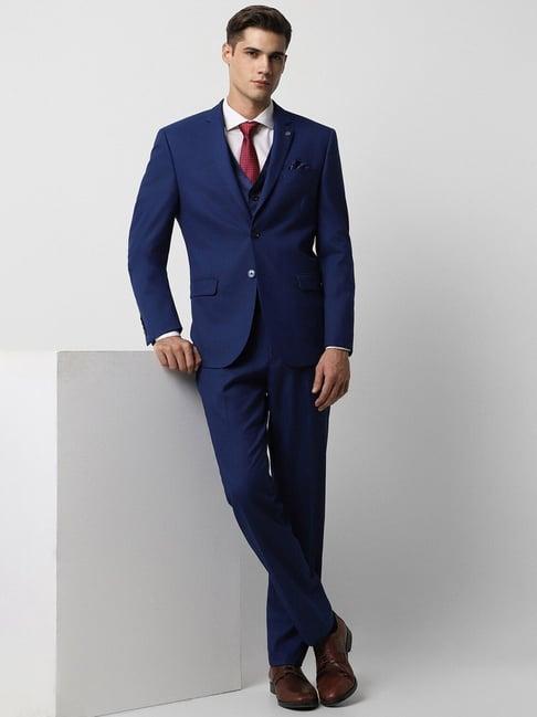 van heusen blue slim fit texture three piece suits