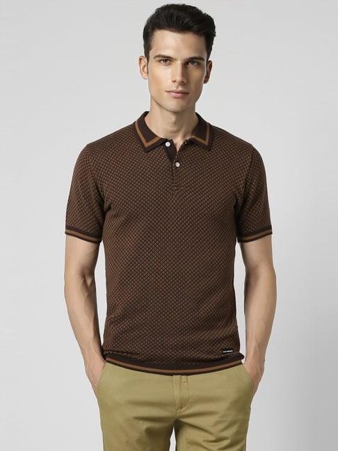 van heusen brown cotton regular fit printed polo t-shirt