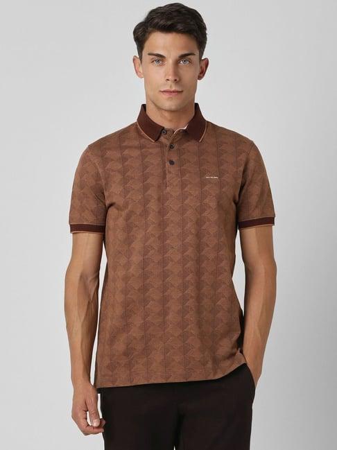 van heusen brown cotton regular fit printed polo t-shirts