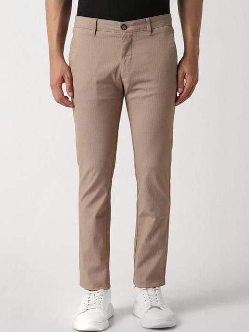 van heusen brown cotton skinny fit printed trousers