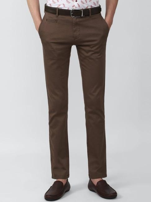 van heusen brown cotton slim fit printed trousers