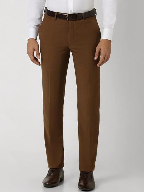 van heusen brown cotton slim fit self pattern trousers