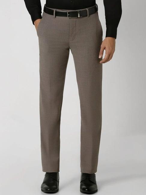 van heusen brown cotton slim fit self pattern trousers