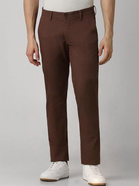 van heusen brown cotton slim fit texture trousers