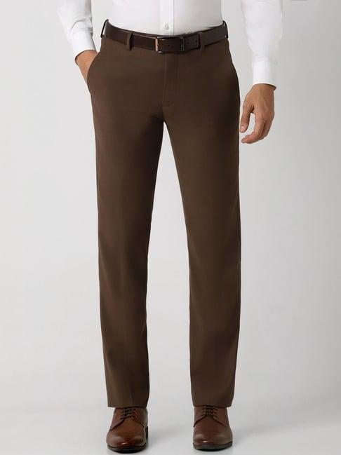 van heusen brown cotton slim fit trousers