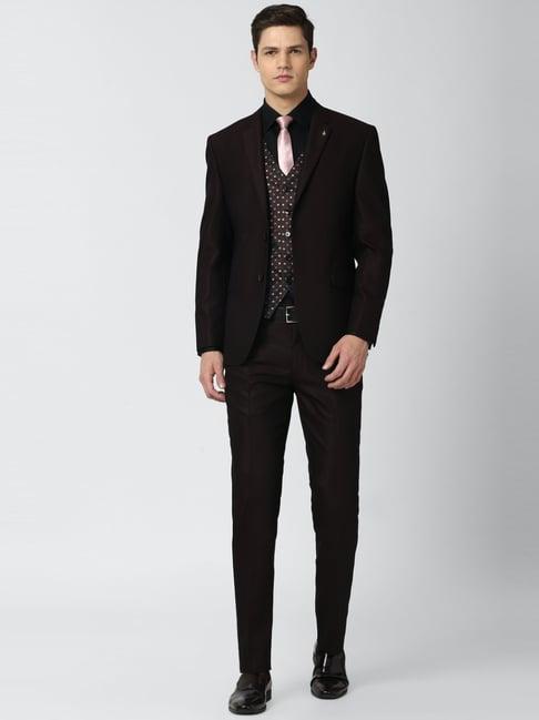 van heusen brown slim fit self pattern three piece suit