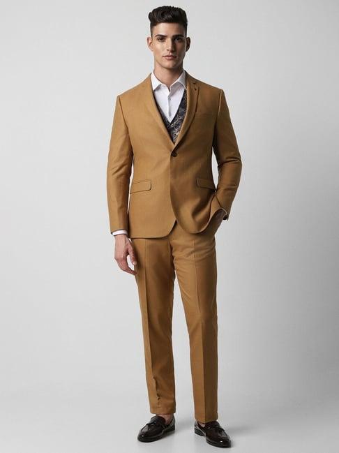 van heusen brown slim fit texture three piece suit