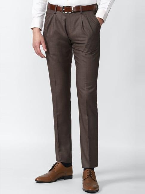 van heusen brown slim fit textured trousers