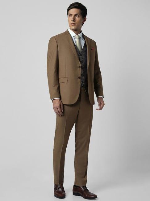 van heusen brown slim fit three piece suit