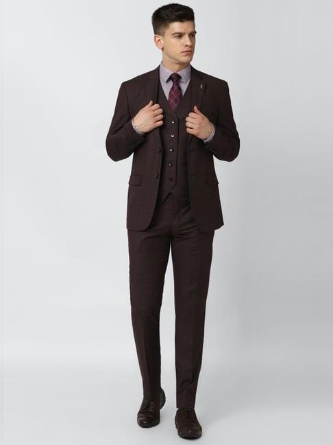 van heusen brown slim fit three piece suit