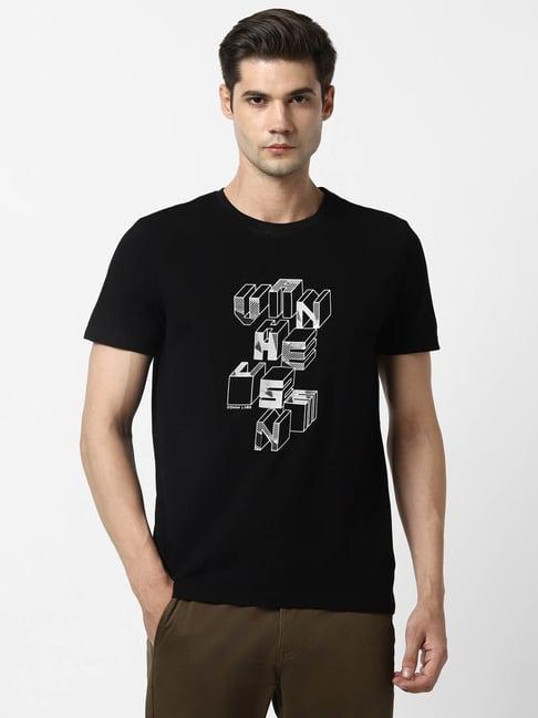 van heusen denim labs black cotton regular fit printed t-shirt