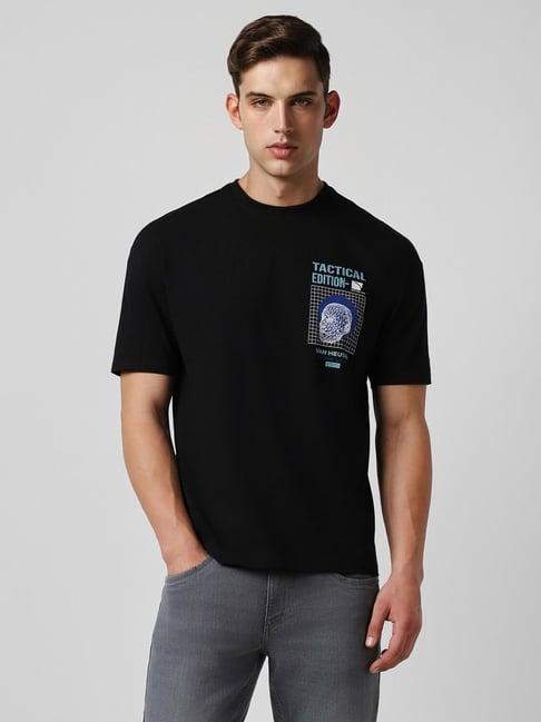 van heusen denim labs black regular fit printed t-shirt