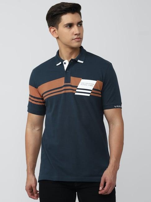 van heusen denim labs blue cotton regular fit printed polo t-shirt