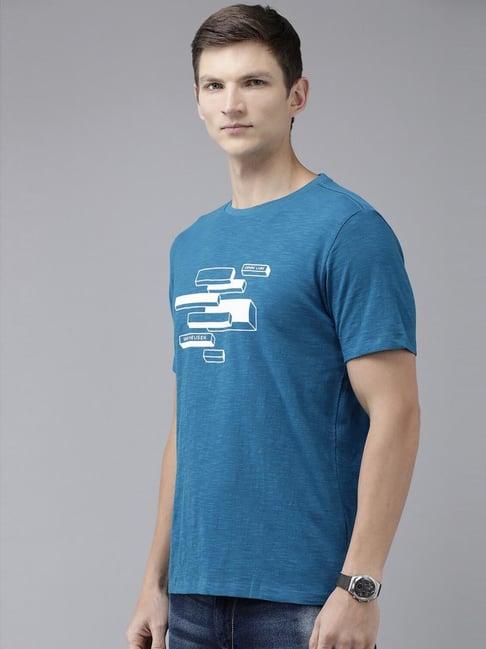 van heusen denim labs blue cotton regular fit printed t-shirt