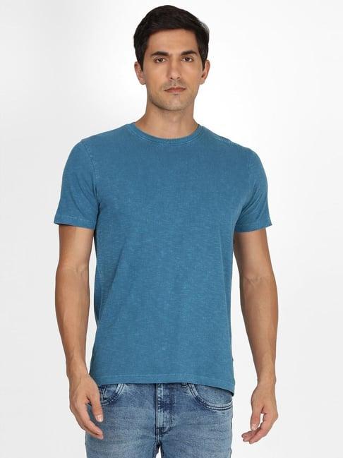 van heusen denim labs blue cotton regular fit self pattern t-shirt