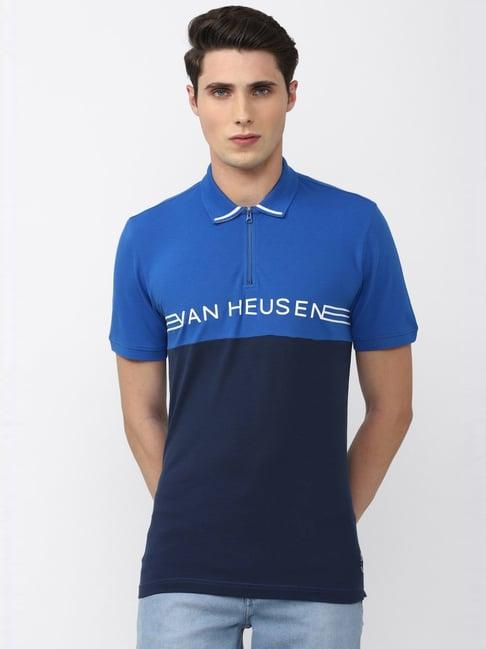 van heusen denim labs blue regular fit colour block polo t-shirt