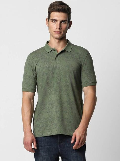 van heusen denim labs green cotton regular fit printed polo t-shirt