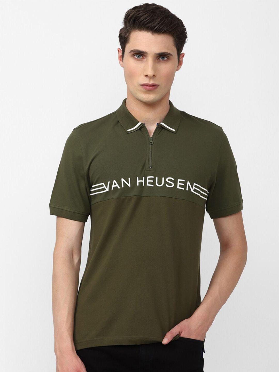 van heusen denim labs men olive green cotton typography printed polo collar t-shirt